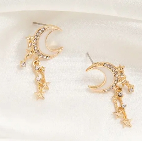Gold Plated Pearlessent Crescent moon star drop earrings with silver post - Picture 11 of 16